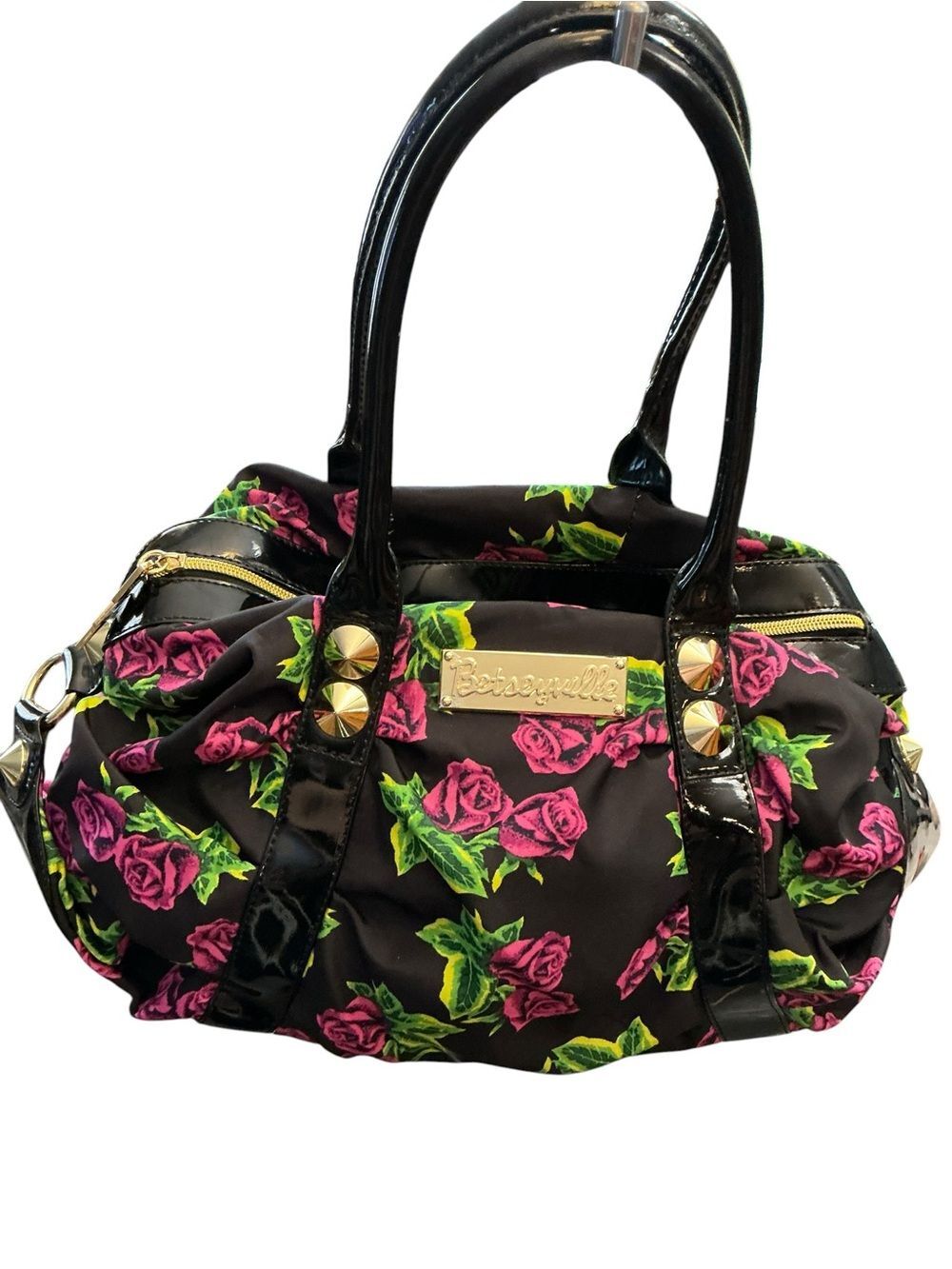 Betsey Johnson Black Floral Shoulder Bag with Pink Roses Betseyville